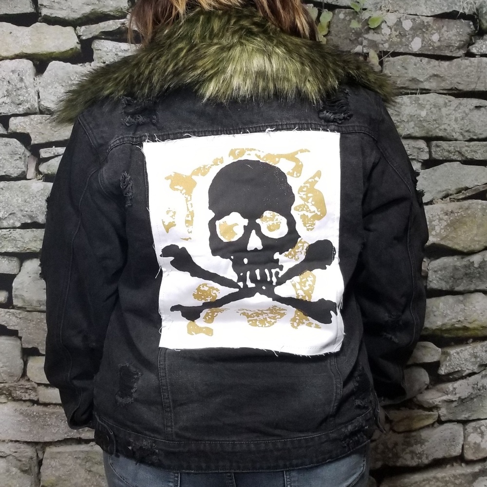Distressed skull patch denim jacket
